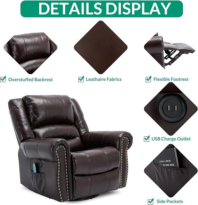 VIVIJASON Massage Swivel Rocker Recliner Chair with Heat &amp Vibration 360° Swivel Manual Glider Rocking Reclining Chair with Remote Control Side Pockets &amp USB Ports for Living Room Brown