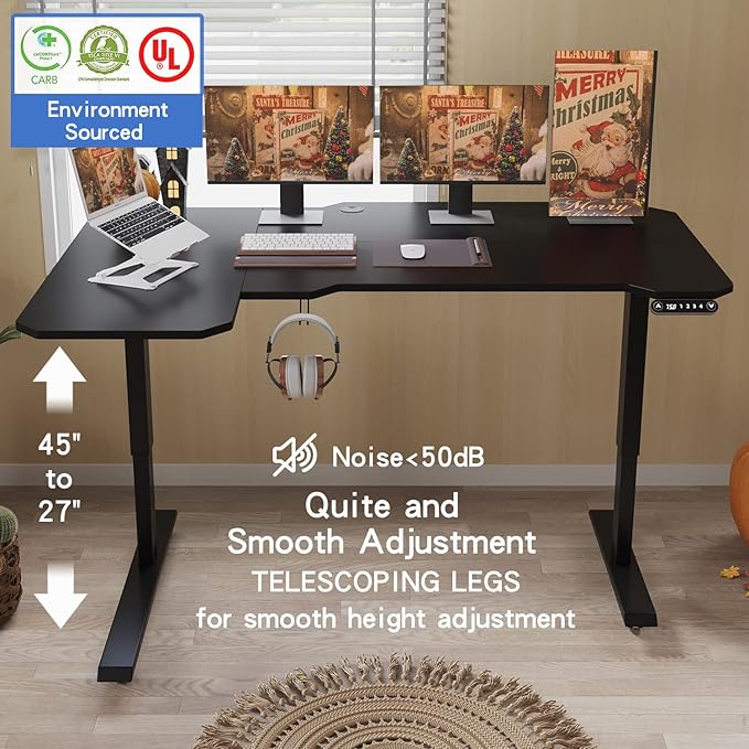 L-Shaped 59 Height Adjustable Electric Standing Desk Sit and Stand Up Computer Desk For Home Office with Splice Board (Black Top Black Frame)
