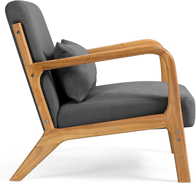 Mid-Century Modern Linen Accent Chair with Solid Wood Arms for Living Room