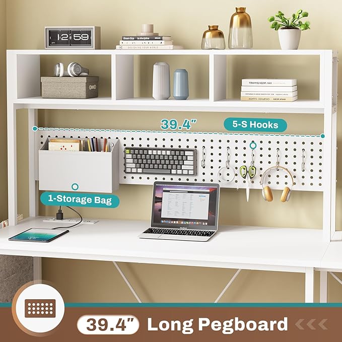 SEDETA White L Shaped Office Desk 57.5” Corner Computer Desk with Power Outlet Pegboard and Keyboard Tray Gaming Table with LED Lights Hutch and Storage Shelves for Home Office
