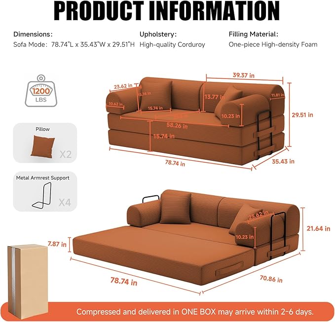 78.8 Boneless Memory Foam Couch Corduroy Convertible Floor Sofa Bed Fold-Out Sleeper Futon Loveseat Wide Armrests &amp Supportive Back 1200 lb Couch in a Box 2 Pillows Orange
