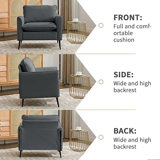 YITAI Modern Accent Living Room ChairsFaux Leather Oversized Single Sofa Chair with Metal Legs Mid Century Comfy Armchair for Bedroom/Office Reading/Lounge/Office/Reception2PCGray
