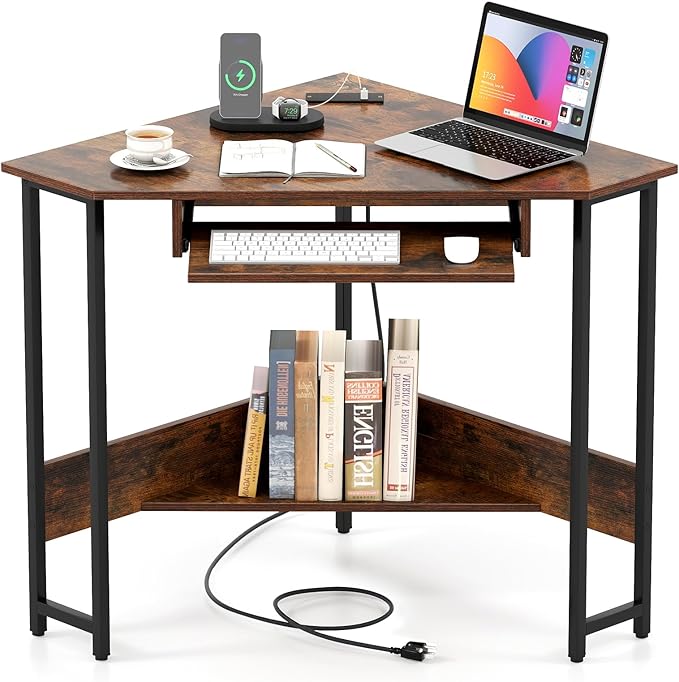 Tangkula Corner Desk with Keyboard Tray 90-Degree Triangle Corner Computer Desk for Small Space Industrial Writing Desk with Storage Shelf Space-Saving Laptop PC Desk (Rustic Brown)