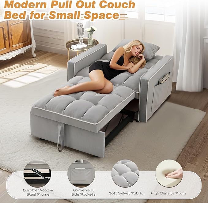 35-inch Futon Sofa Chair with Pull Out Bed Modern Tufted Velvet 3 in 1 Convertible Sleeper Sofa Chair with a Pillow for Small Space Living Room Apartment Bedroom Grey
