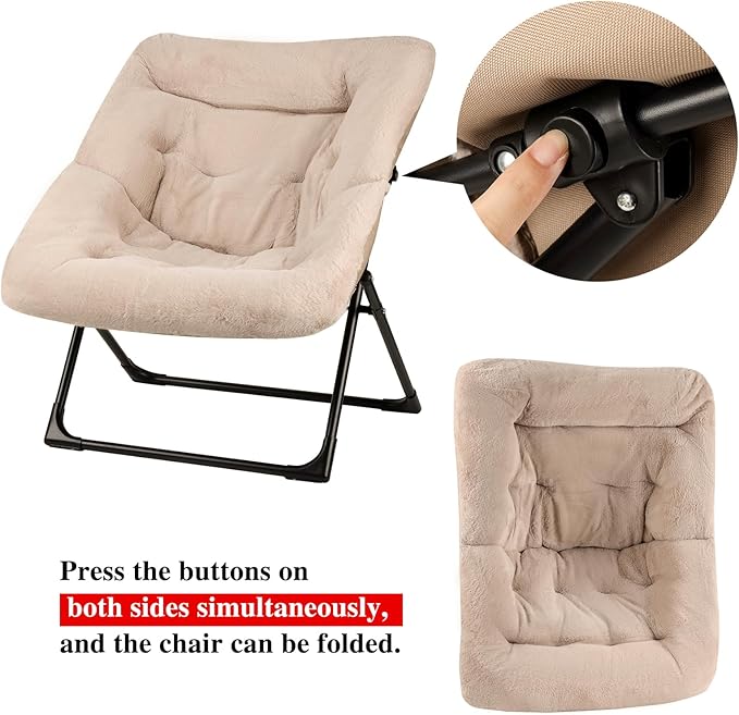 Comfy Saucer Chair for Adults Soft Faux Fur Bedroom Chair with Ottoman Accent Dorm Chairs Living Room Reading Chairs and Footstool Folding Seat for Teens X-Large Light Khaki