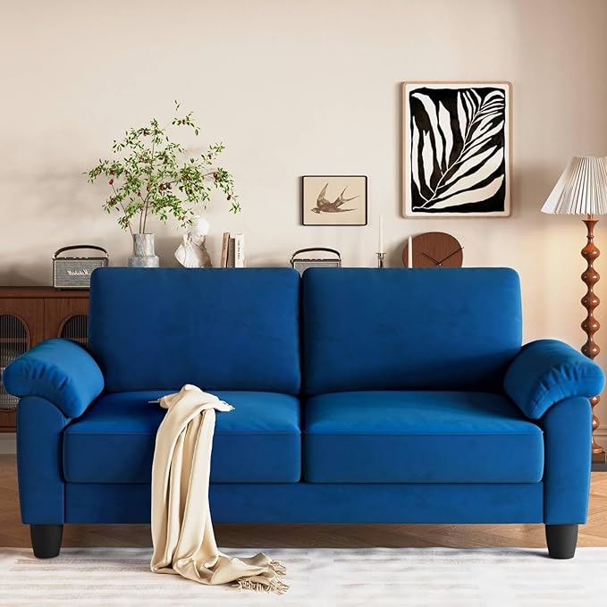 70 Living Room Couch Sofa Velvet Deep Couches for Small Spaces Mid Century Modern Loveseat with Storage Bag Bedroom Apartment Office Removable Sofa Cover Spring Cushions Fast Assembly Blue
