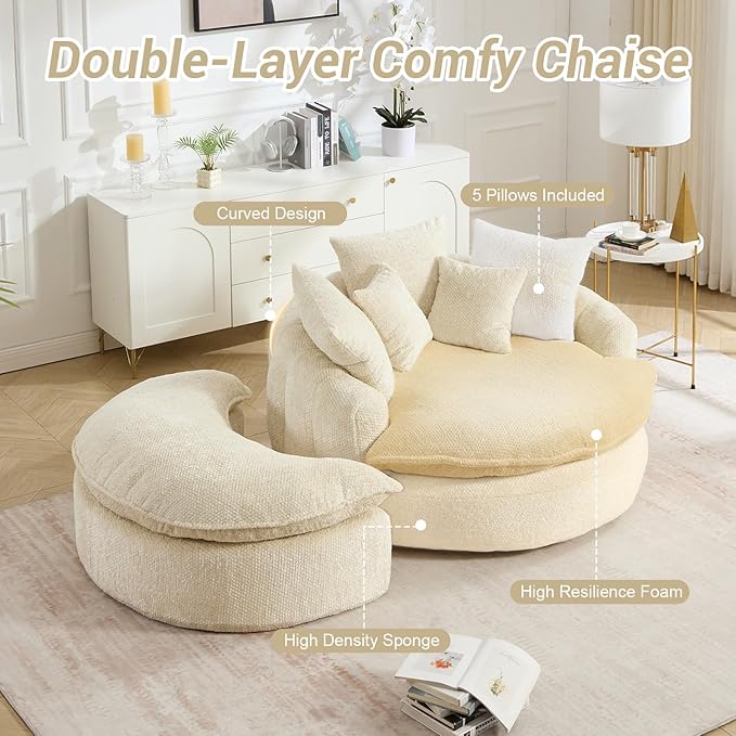54 Round Chaise Lounge with Ottoman Big Bean Bag Round Sofa Bed Oversized Round Couch Boneless Reading Chair Comfy Plush Chenille Large Chaise Chair for Living Room Apartment Beige