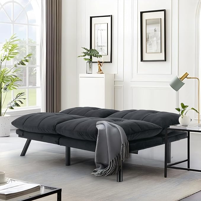 Convertible Futon Double Sofa Bed2 in 1 with Adjustable Backrest Memory Foam Loveseat for Living Room Bedroom Office Apartment Compact Sofa(Black)