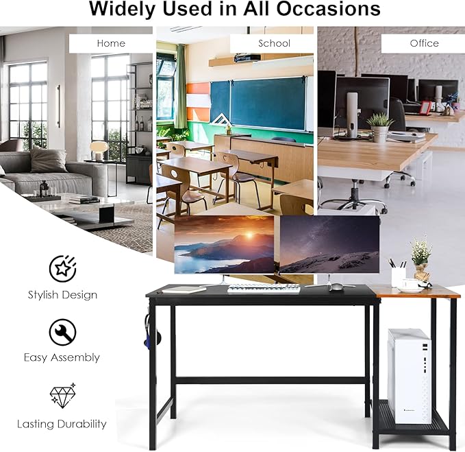 COSTWAY 59” Computer Desk with 2 Removable Storage Shelves Industrial Writing Workstation with Headphone Hook for Home Office Gaming Desk (Black)