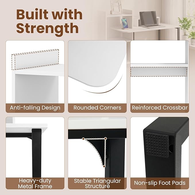 Tangkula Computer Desk with Charging Station 43.5 Study Desk with Ergonomic Monitor Stand &amp Storage Shelves Corner Writing Desk with Metal Frame Modern Home Office Computer Workstation