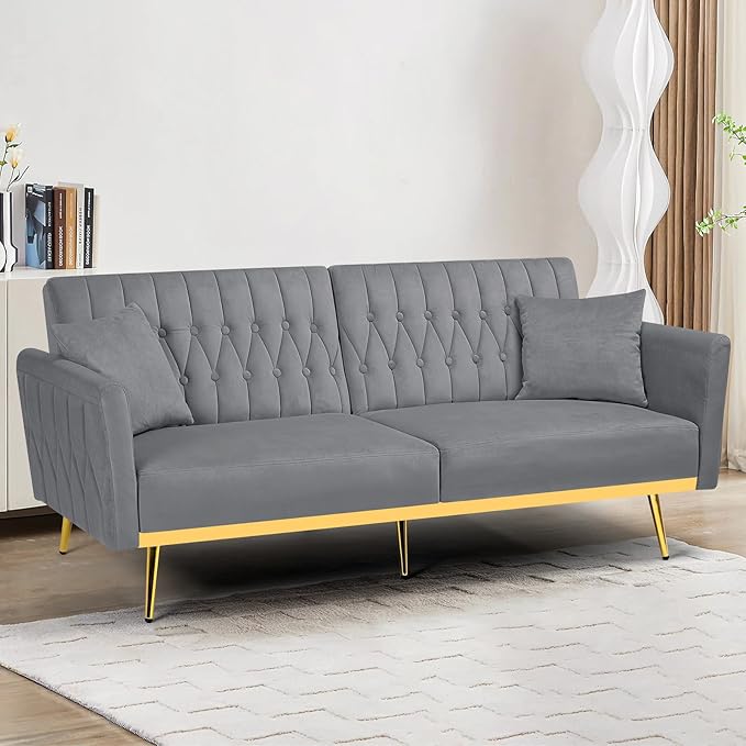 70 Velvet Futon with Adjustable Backrest and Armrests Sofa Bed with Extra Pillows for Waiting Room Living Room and Office Grey