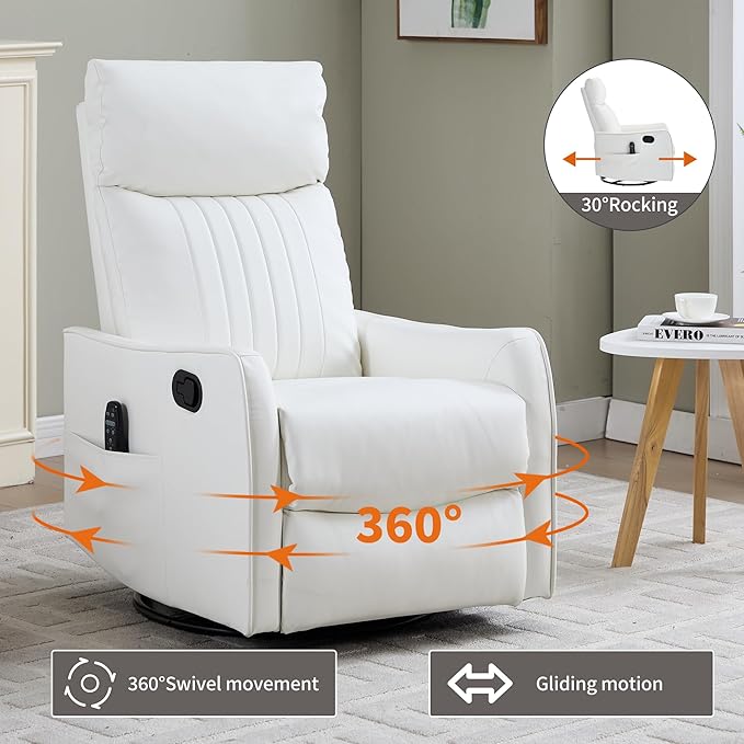High Back Massage Recliner with Heat - Swivel Rocking Chair for Small Spaces Manual Lazy Boy Recliner for Adults Perfect for Living Room &amp Bedroom Soft Fabric (White)