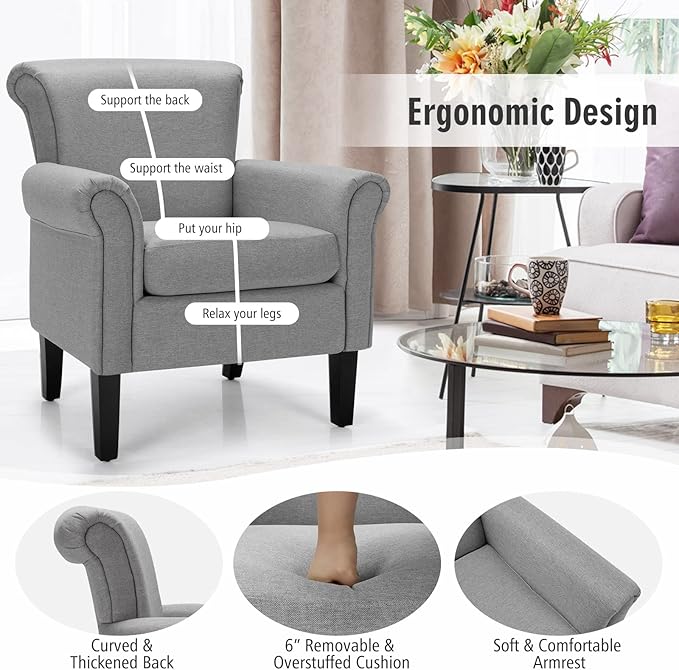 Giantex Modern Fabric Accent Chair Comfy Living Room Chair w/Adjustable Foot Pads Overstuffed Backrest Single Sofa Leisure Chair w/Soft Cushion Bedroom Chair for Reading Nursery Light Gray