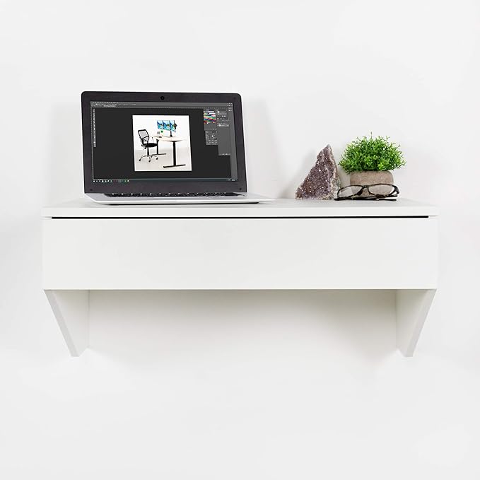 VIVO White Wall Mounted Desk with 28 inch Surface and Pull Out Drawer Floating Wall Organizer Under Storage Workstation DESK-SF01W
