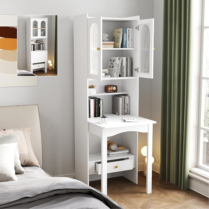 White Folding Desk with Storage - Foldable Convertible Writing Table with Shelves Fold Out Murphy Hideaway Desk with Drawers Space Saving Computer Table Doors for Home Office Workstation