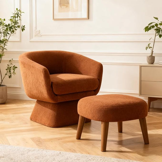 Swivel Barrel Chair and Ottoman Set 360 Degree Club Chair Comfy Boucle Armchair and Footstool Upholstered Accent Sofa Chair w/Footrest for Living Room Bedroom Reception Room Orange