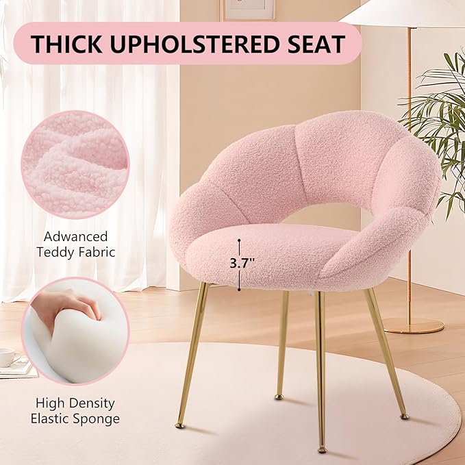 Petal Makeup Vanity Chair with BackModern Dining ChairUpholstered Desk Chair for Girls with Gold Metal Legs for Home OfficeBedroom (Pink)