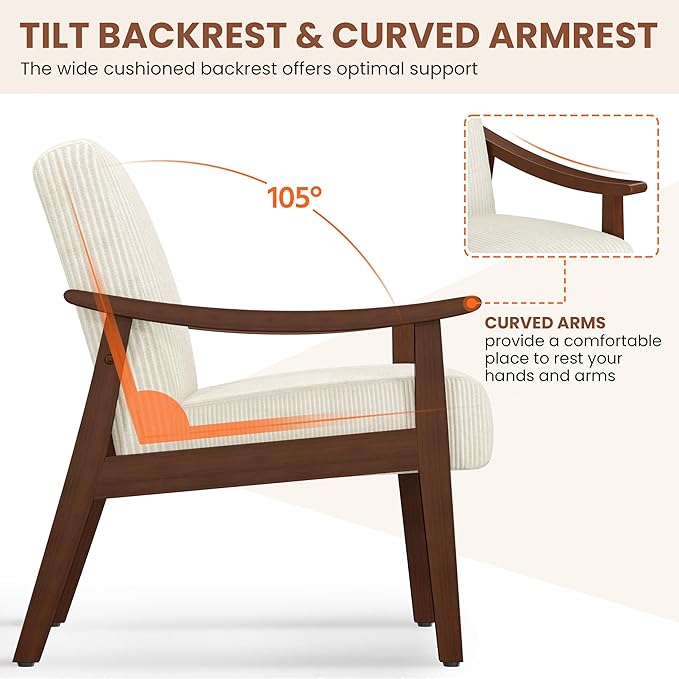 Yaheetech Corduroy Accent Chair Mid-Century Modern Armchair with Solid Wood Legs Reading Leisure Chair with High Back for Living Room Bedroom Waiting Room Beige