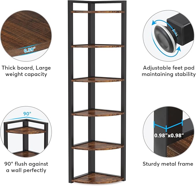 LITTLE TREE 6-Tier Corner Shelf 70.86 Industrial Corner Bookshelf with Metal Frame Narrow Tall Corner Bookcase for Living Room Home Office Kitchen