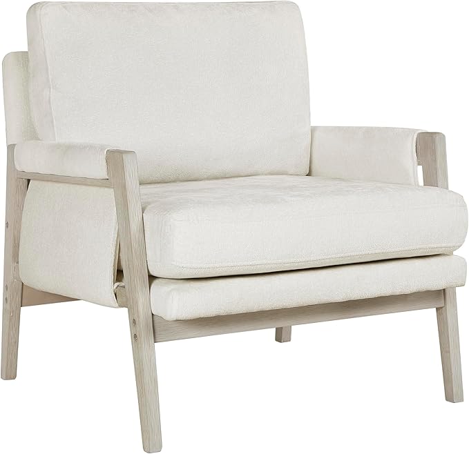 Lexicon Living Room Accent Chair with Wire-Brushed Light Brownish-Gray Wood Frame Chenille Upholstered Arm Chair with Wrapped Arm Rest Thick Seat Cushion Cream