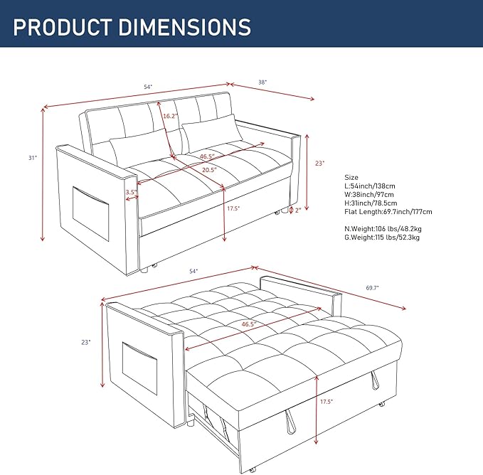 3 in 1 Convertible Sleeper Sofa Futon BedModern Velvet Pull Out Couch Bed with Reclining Backrest&amp2 Pillows54 Full Size Small Love Seat Lounge Couches for Small SpacesLiving Room (Dark Blue)