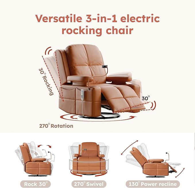 Triple Motor Power Swivel Rocker Recliner Chair with Adjustable Armrests for Adults FSC Certified Faux Leather Rocking Chair for Living Room Brown