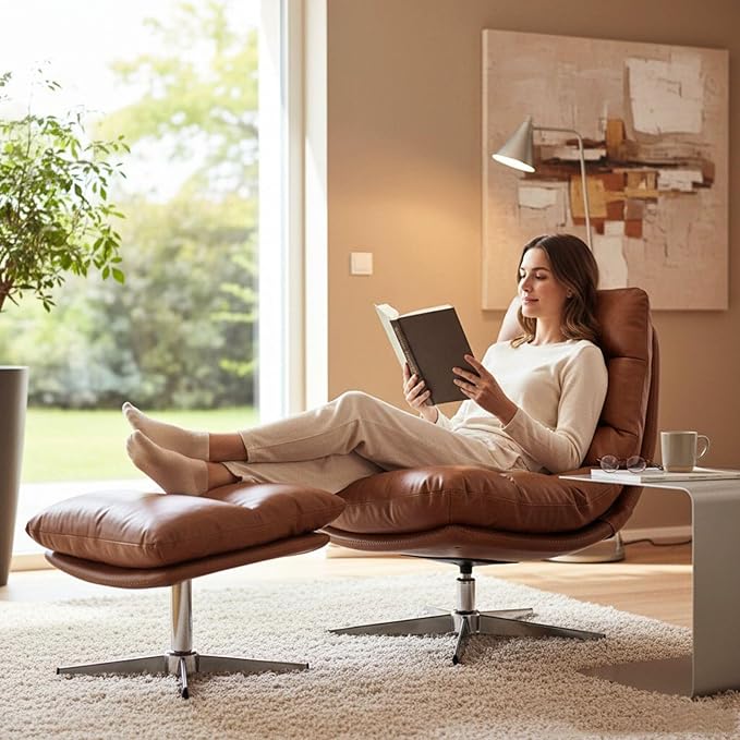 Modern Swivel Accent Chairs with Ottoman Set of 2 PU Leather Oversized Armless Reading Chairs with Footrest 33'' Wide Upholstered Lounge Chairs with Footstool for Living Room Bedroom Comfy Brown