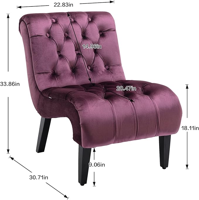 Velvet Accent Lounge Chair for Living Room Modern Leisure Chair with Tufted Backrest Indoor Armless Side Chair Upholstered Bedroom Sleeper Chair with Solid Wood Legs (Purple)