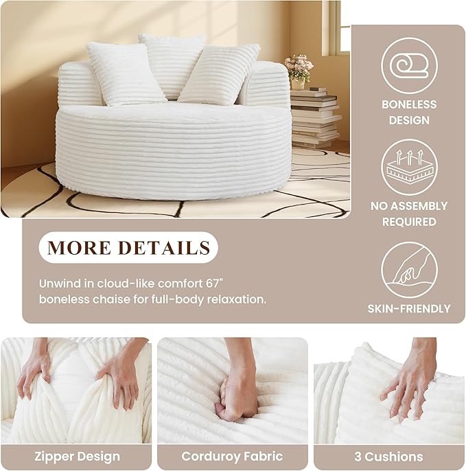 WJShome Oversized Round Chair Lounge Chaise IndoorUpholstered Corduroy Sofa Bed with 3 PillowsComfy Sleeper Boneless CouchDeep Seat Couches for Living Room Beige