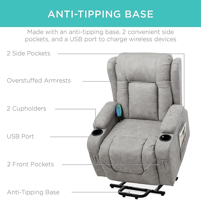 Best Choice Products PU Leather Electric Power Lift Chair Recliner Massage Chair Adjustable Furniture for Back Legs w/ 3 Positions USB Port Heat Cupholders Easy-to-Reach Side Button - Gray