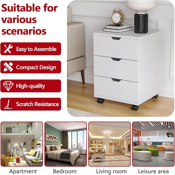 3 Drawer File Cabinet with Wheels Heavy-Duty Steel Rolling Drawer Cabinet Under Desk Filing Cabinet for Home Office Storage 15.74 W x 15.74 D x 22.16 H (White)