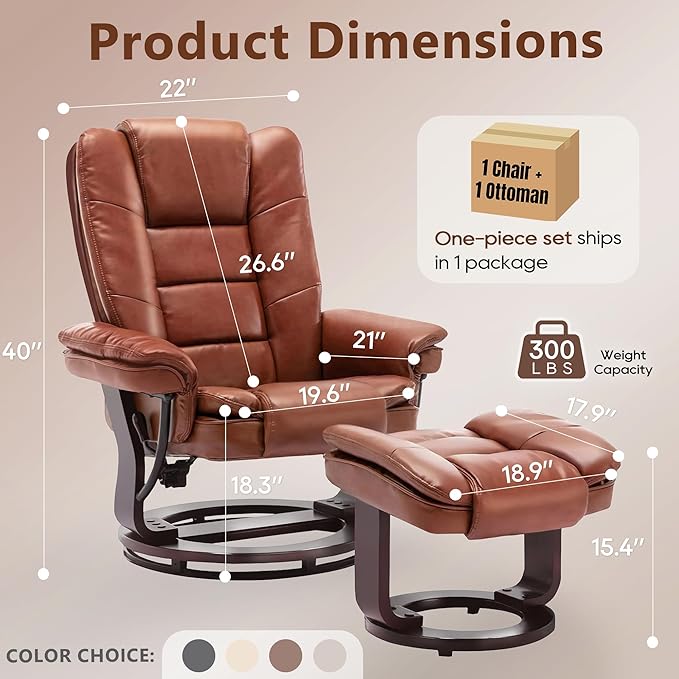 Argus Swivel Recliner with Ottoman PU Leather &amp Wood Base Reclining Chair with Footrest Ultra-Plush Double Foam for Living Room Bedroom and Office Set of 1