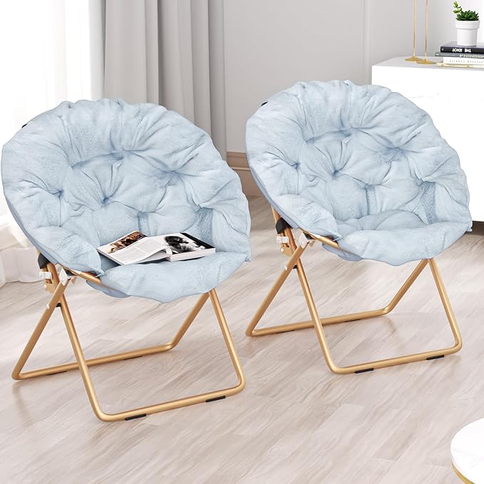 Foldable Oversized Moon Chairs Set of 2 Large Soft Lazy Cozy Comfortable Faux Fur Round Saucer Moon Chairs Set of 2 for Teens and Adults Light Blue