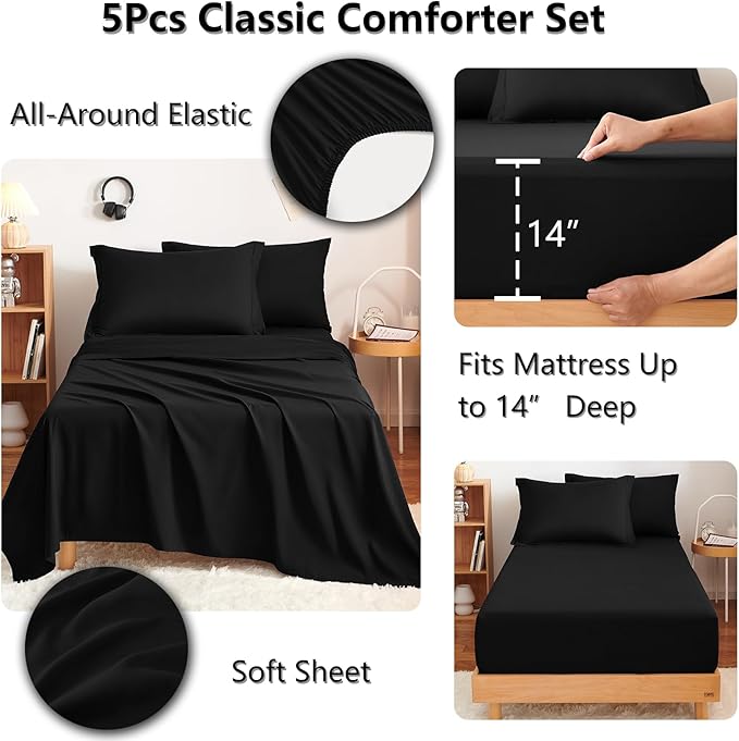 CozyLux Twin XL Comforter Set Black - 5 Pieces Twin Extra Long Bed in a Bag for College Dorm All Season Bedding Set for Girls and Boys Soft Bed Set with Comforter Sheets Pillowcase &amp Sham