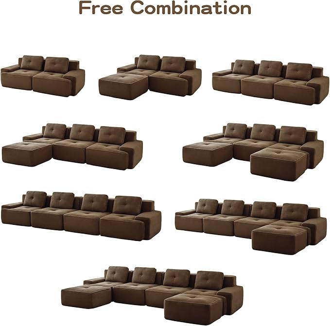 Casaphoria 150'' Brown Corduroy Cloud Couch 4-Seater Boneless Sectional Sofa with 4 Pillows for Living Room Deep Seat Sofa No Assembly Required