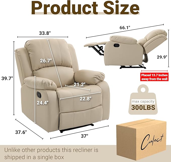 Manual Recliner Chair Lazy Boy Leather Recliner Perfect for Lounging in the Living Room Home Theater and Bedroom an Excellent Gift for Home Beige