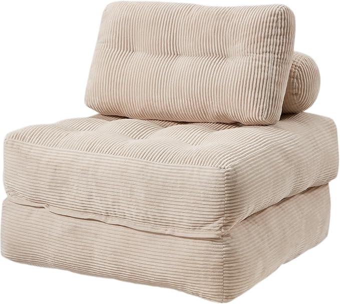 MELLCOM Foldable Sofa Bed - Adjustable Convertible Chair Tufted Sleeper Couch Portable Folding Lounge Sofa Foam-Filled Pull-Out SofaBed for Living Room Bedroom Cream White