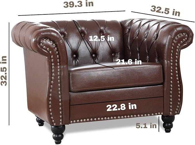 Brown Chesterfield Accent Chair Faux Leather Upholstered Tufted Wingback Club Chair Mid-Century Modern Living Room Chair with Sturdy Wood Frame Comfy Oversized Armchair for Bedroom Office
