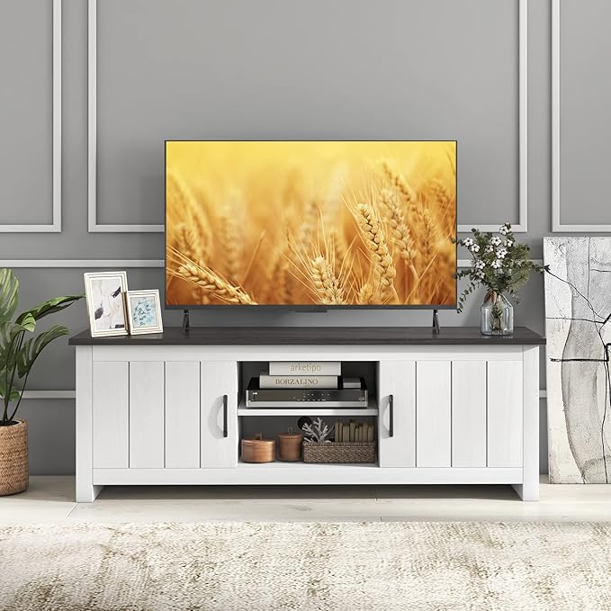 Tangkula 2 Doors TV Stand for TVs up to 65” 57” TV Console Table w/ 2 Cabinets &amp Open Shelves Media Entertainment Center w/ 2 Cable Management Holes Wood TV Cabinet for Living Room (Dark Brown)