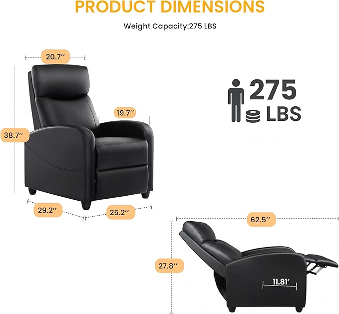 HealSmart Push-Back Massage Reclining Chair Adjustable PU Leather Lounge Seat Comfortable Single Seater for Living Room Bedroom &amp Home Theater Black