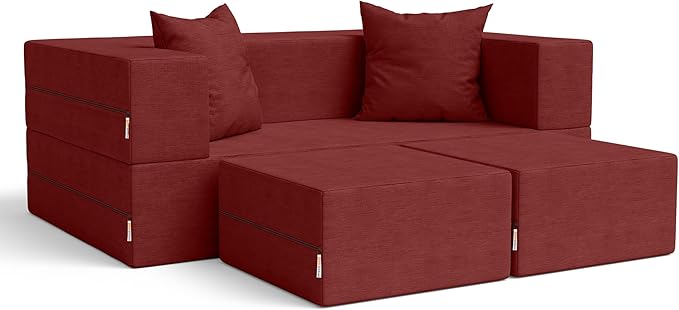 Jaxx Zipline Convertible Sleeper Loveseat &amp Ottomans Textured Microvelvet - Berry Red