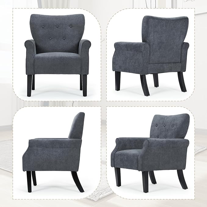 Athena Collection Mid Century Modern Chair for Living Room Upholstered Wingback Reading Chair for Adults Comfy Linen Fabric Armchair with Wooden Legs for Bedroom Dorm Balcony Grey