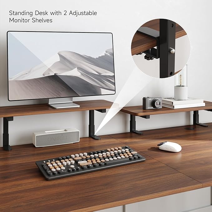 ONBRILL Standing Desk with 2 Adjustable Monitor Shelves 71 x 24 Inches Electric Stand Up Desk with Memory Controller and Adjustable Height from 28-46 inches for Computer Workstations Walnut