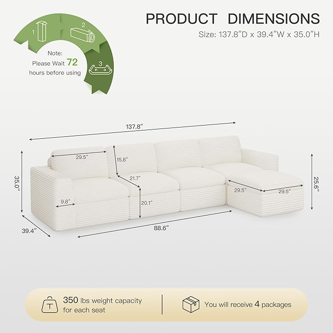 Boneless Sectional Cloud Couch with Deep Seat Plush Corduroy Modular Sectional Sofa Convertible L Shaped Couches for Living Room. White Sofa.