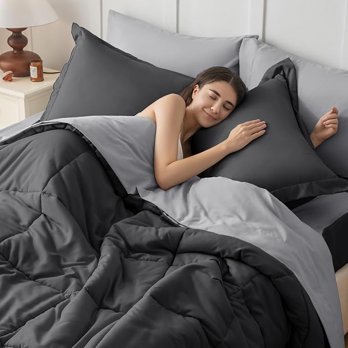 JOLLYVOGUE California King Comforter Set Ultra-Soft Bed in a Bag Cal King Size 7 Pieces Oeko-TEX Certified Bedding Set With Down Alternative Comforter Sheets Pillowcases &amp Shams Dark &amp Li