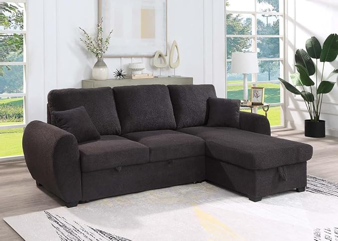 Lilola Home Veronica 95-inch Black Teddy Fleece Reversible Sleeper Sectional Sofa with Storage Chaise – Pull-Out Bed 2 Throw Pillows Pocket Coil Seating Modern L-Shape Couch