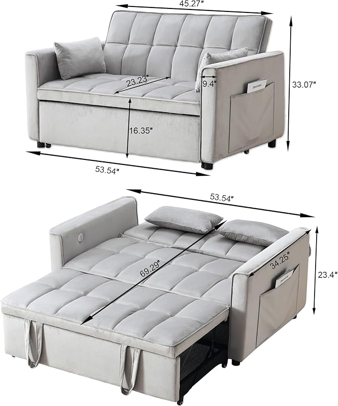 Velvet 3-in-1 Convertible Sofa Bed - USB Charging Port Adjustable Backrest Loveseat Sleeper for Small Space Apartment Versatile Futon Pull Out Couch for Living RoomGray