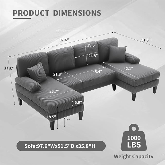 98 U Shaped Couch with 18 Seat Height Sectional Couches for Living Room 4 Seater Couch Set with Double Chaise for Apartment Living Room Sofas Corduroy Grey