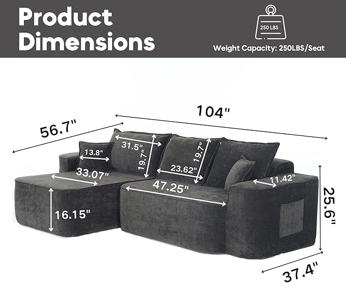 104 Cloud Sectional Couch Modern Modular L Shape Sectional Sofa with Deep Seat Chaise Comfy Chenille Boneless Couches for Living Room (Black Left Chaise)
