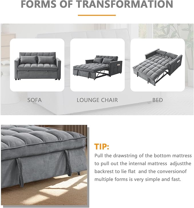 54 Convertible Sofa Bed Velvet Sleeper Sofa with Pull-Out Bed 3-in-1 Futon Couch with Reclining Backrest and Side Pocket Modern Loveseat for Living Room (Medium Grey)